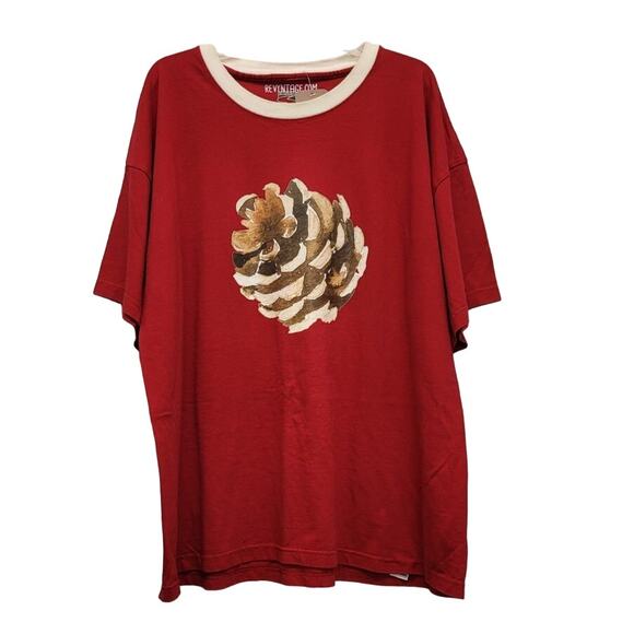 Hand Printed Upcycled Mens XXL Woody Pine Cone Short Sleeve Crew Neck Tee Shirt - Picture 1 of 4
